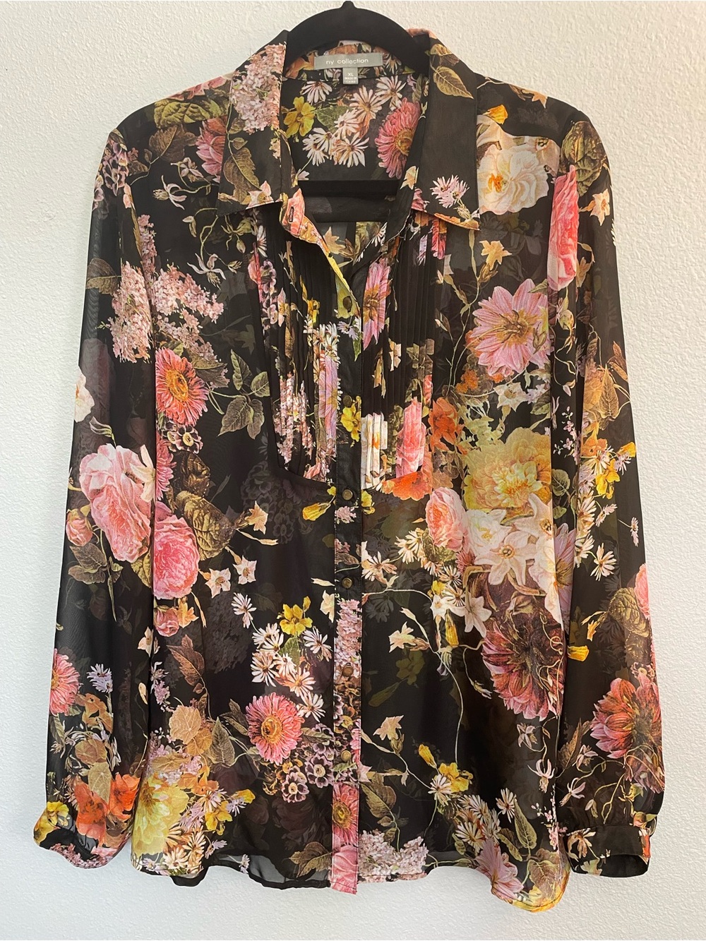 NY Collection XL Black Floral Sheer Pleated Button Front Blouse